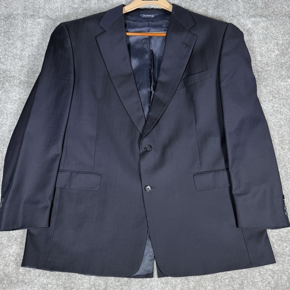 Vintage Burberry Blazer Men's 48L Navy Blue Super 100s Wool Striped Jacket